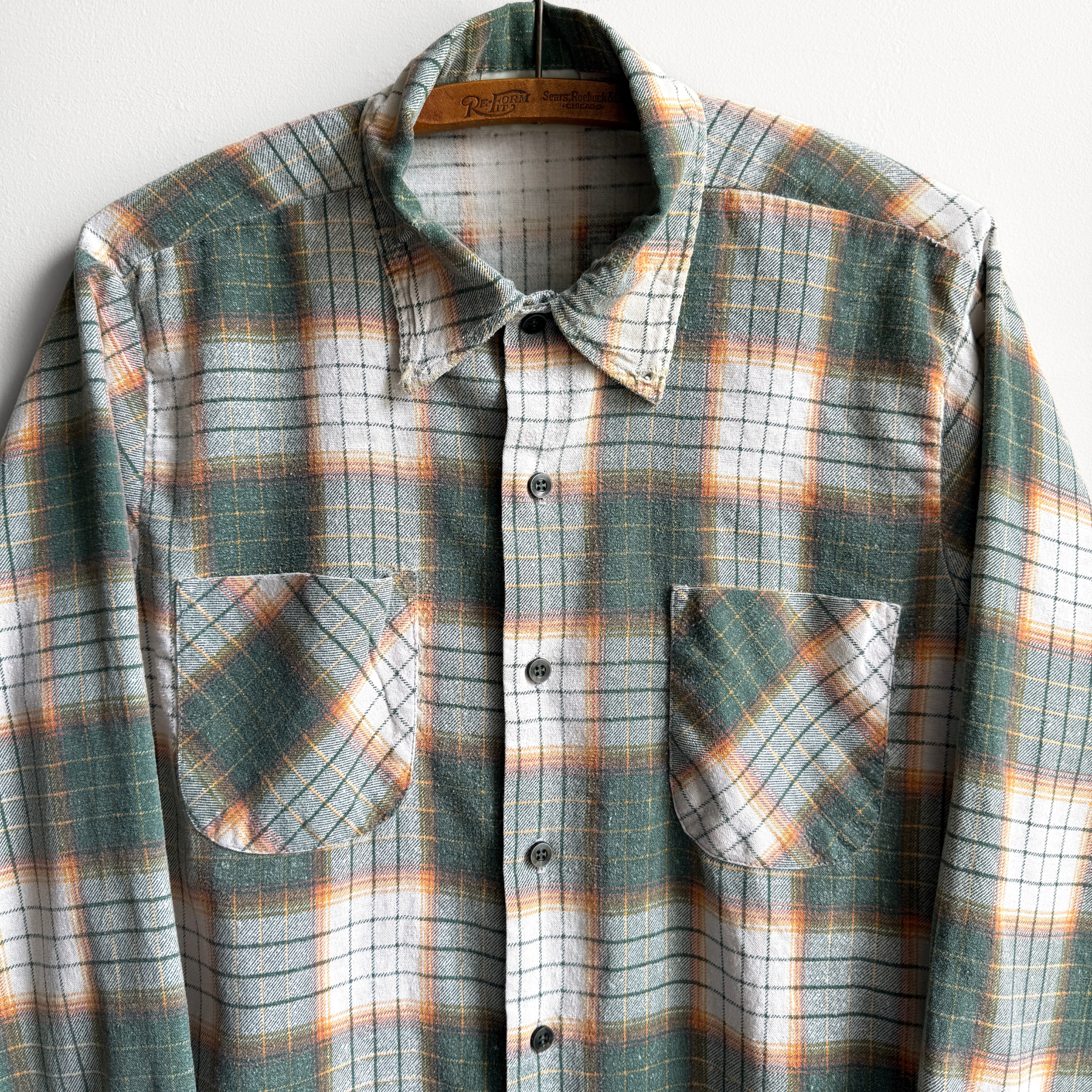 Vintage 1970s Green & White Shadow Plaid Button Up Shirt  - Shop ThreadCount Vintage Co.