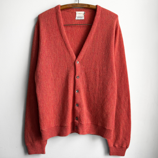 Vintage 1960s Blood Orange Zefkrome Acrylic Knit Cardigan  - Shop ThreadCount Vintage Co.