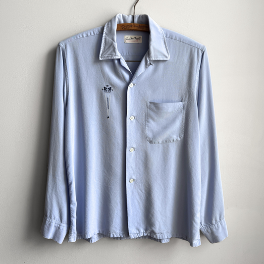 1960s Baby Blue Crest Embroidery Rayon Button Up Shirt  - Shop ThreadCount Vintage Co.