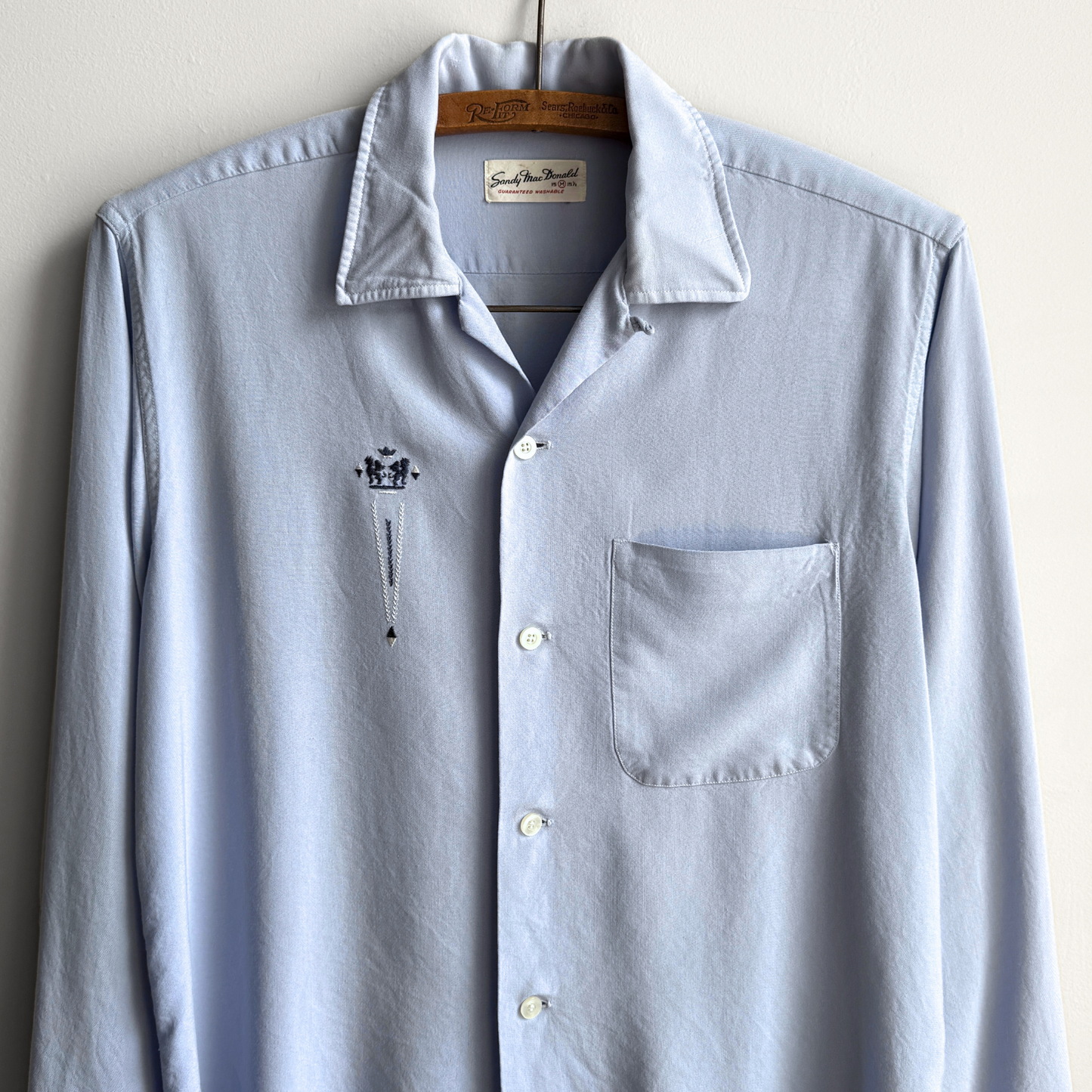 1960s Baby Blue Crest Embroidery Rayon Button Up Shirt  - Shop ThreadCount Vintage Co.