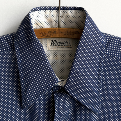 1970s Navy Blue Dot Print Button Up Dress Shirt  - Shop THREADCOUNT Vintage Co.