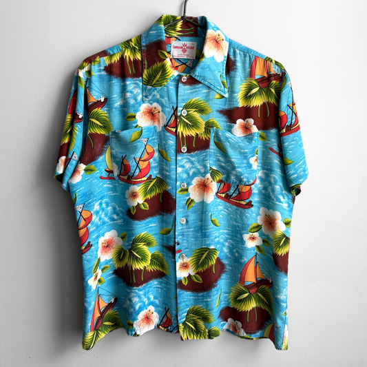 1960s Island Sailing Print Blue Rayon Hawaiian Shirt