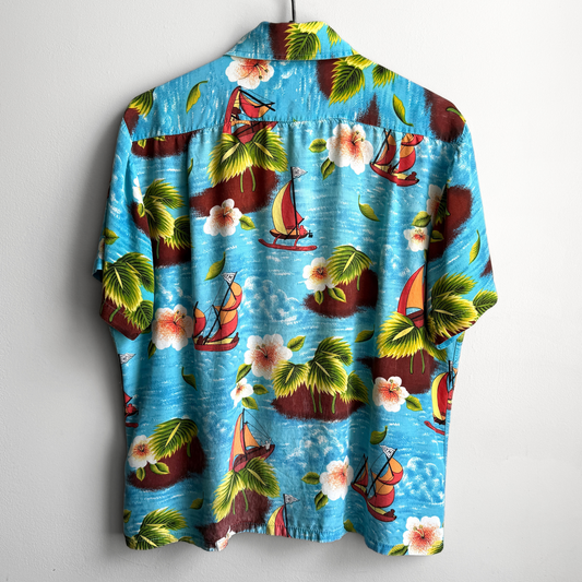 1960s Island Sailing Print Blue Rayon Hawaiian Shirt