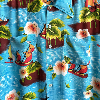 1960s Island Sailing Print Blue Rayon Hawaiian Shirt