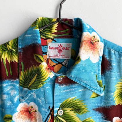 1960s Island Sailing Print Blue Rayon Hawaiian Shirt