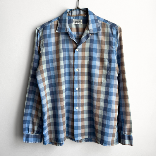 1960s Blue & Brown Plaid Loop Collar Button Up Shirt