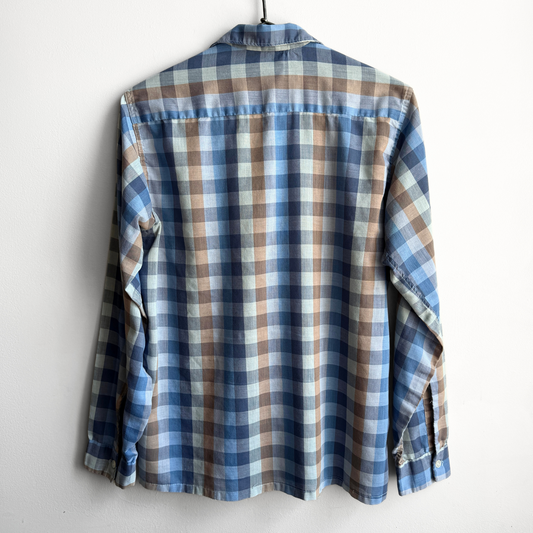 1960s Blue & Brown Plaid Loop Collar Button Up Shirt
