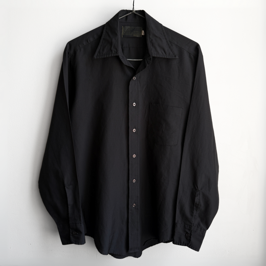1970s Black Polyester Button Up Dress Shirt