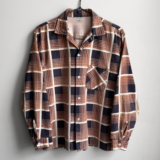 1950s Brown & Black Distressed Plaid Cotton Button Up Shirt