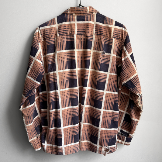 1950s Brown & Black Distressed Plaid Cotton Button Up Shirt