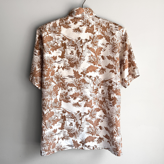 1970s Brown & White Asian Print Short Sleeve Shirt