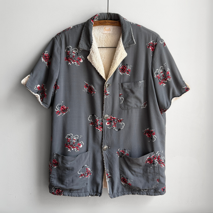 1950s Pirate Print Rayon & Terry Cloth Cabana Shirt