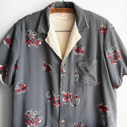 1950s Pirate Print Rayon & Terry Cloth Cabana Shirt