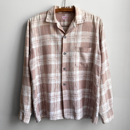 1950s Brown Shattered Plaid Loop Collar Button Up Shirt