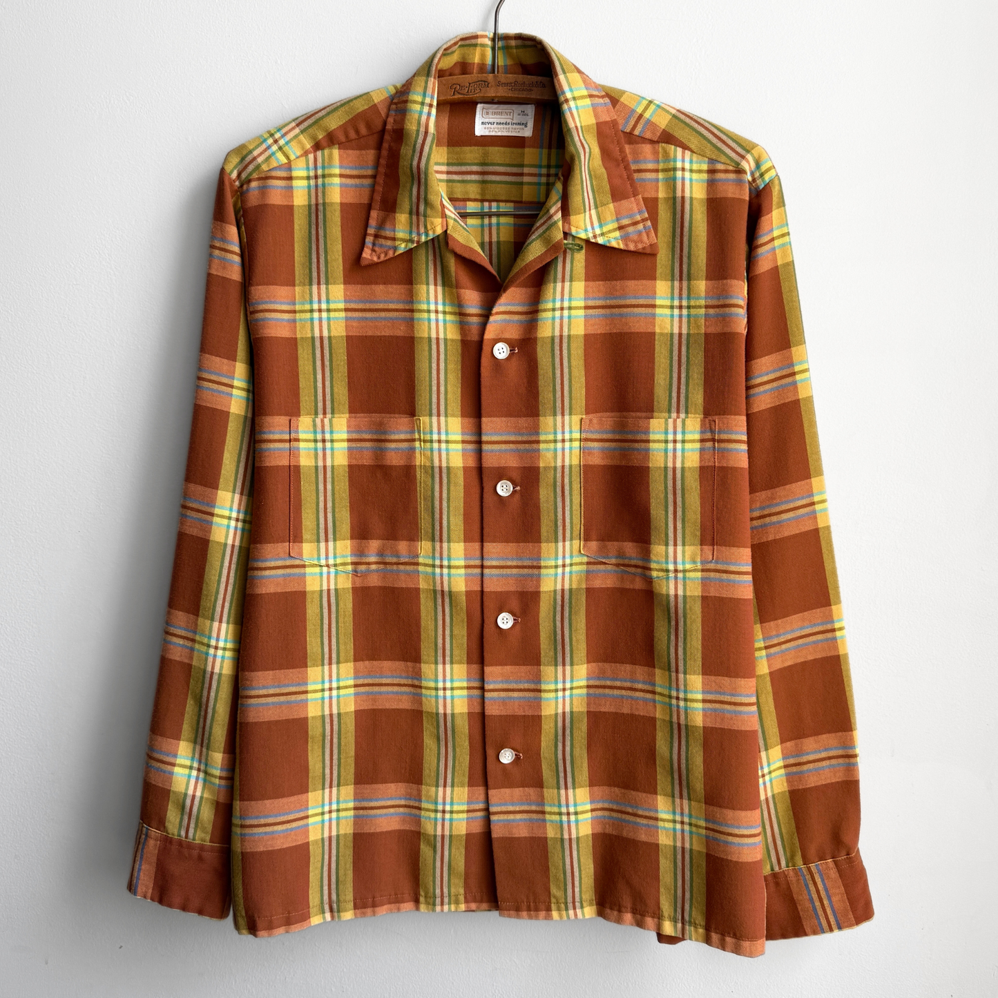 1970s Orange Plaid Rayon Loop Collar Shirt