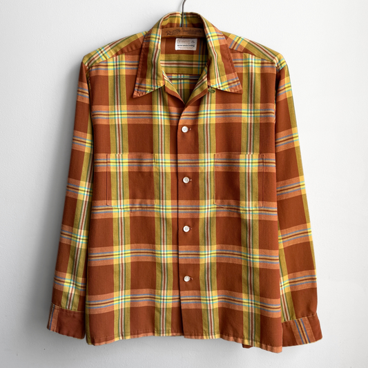 1970s Orange Plaid Rayon Loop Collar Shirt