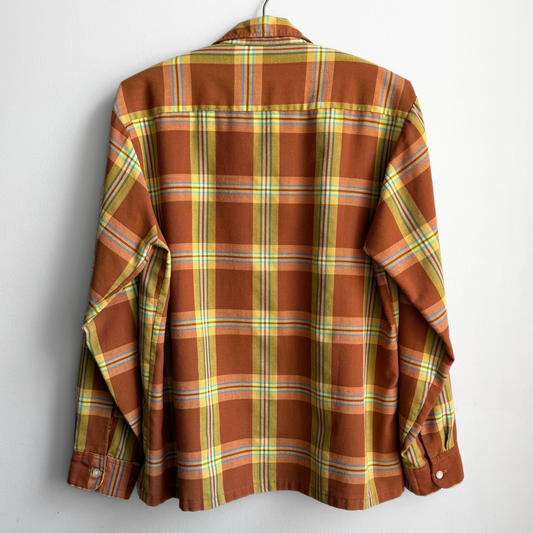 1970s Orange Plaid Rayon Loop Collar Shirt