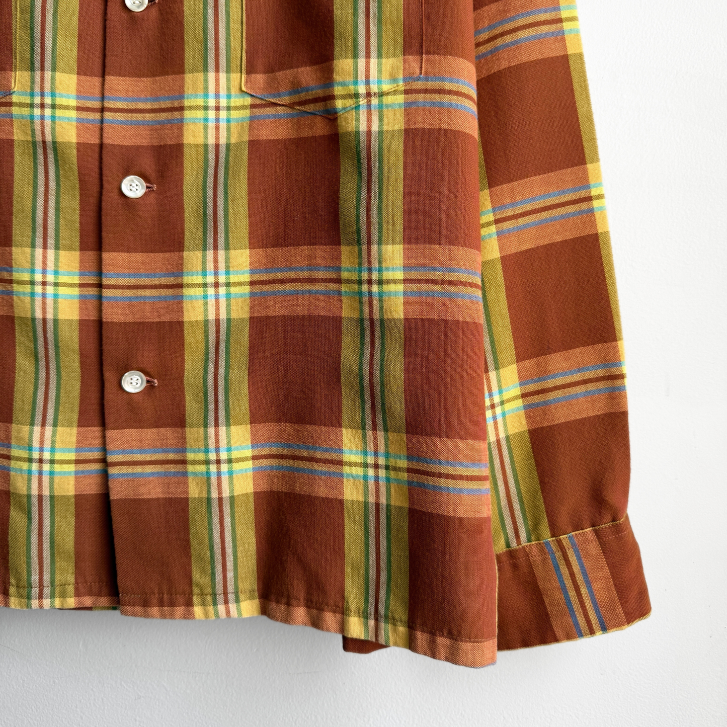 1970s Orange Plaid Rayon Loop Collar Shirt