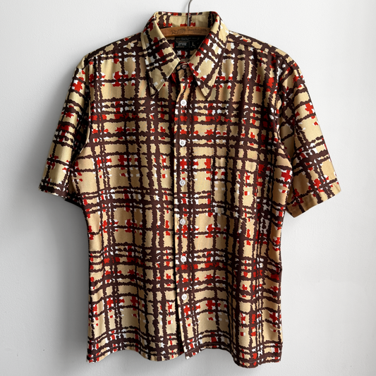1970s Brown & Red Splatter Plaid Short Sleeve Shirt