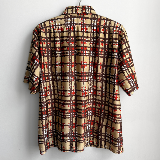 1970s Brown & Red Splatter Plaid Short Sleeve Shirt