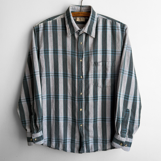 1980s Green & Grey Plaid Flannel Shirt