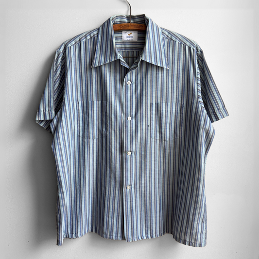 1970s Blue & Grey Striped Loop Collar Shirt