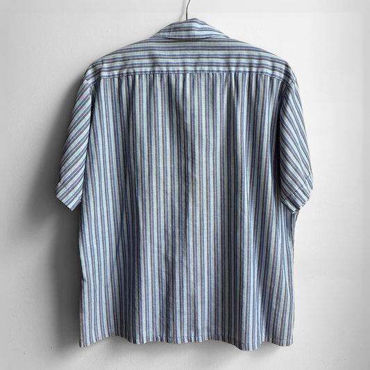 1970s Blue & Grey Striped Loop Collar Shirt