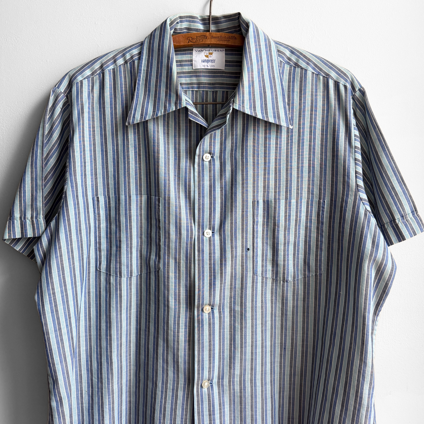 1970s Blue & Grey Striped Loop Collar Shirt