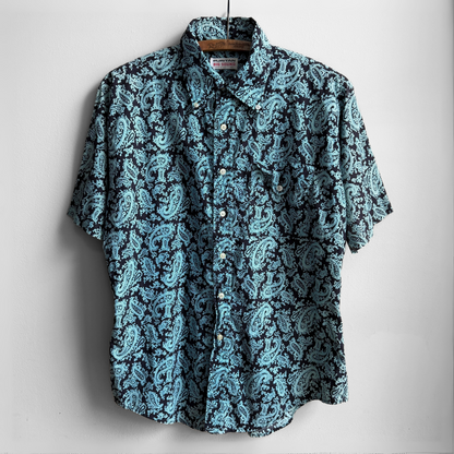 1970s Blue & Black Paisley Print Dress Shirt