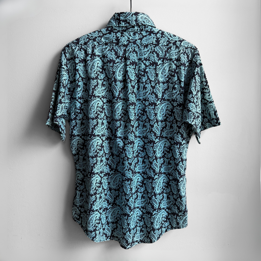 1970s Blue & Black Paisley Print Dress Shirt