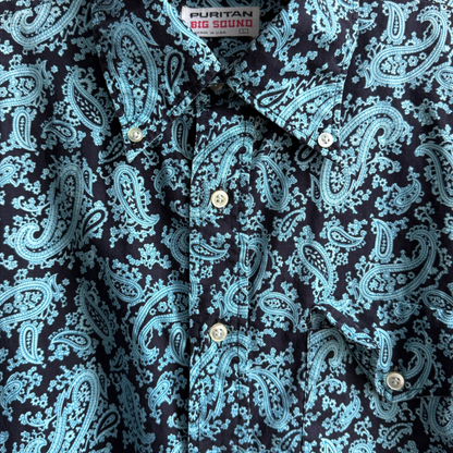 1970s Blue & Black Paisley Print Dress Shirt