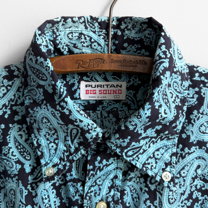 1970s Blue & Black Paisley Print Dress Shirt