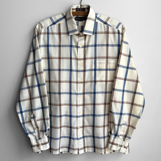 1970s Cream & Blue Plaid Shirt