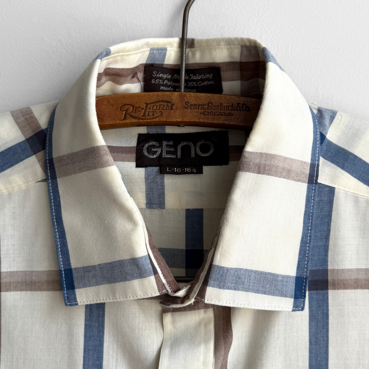 1970s Cream & Blue Plaid Shirt