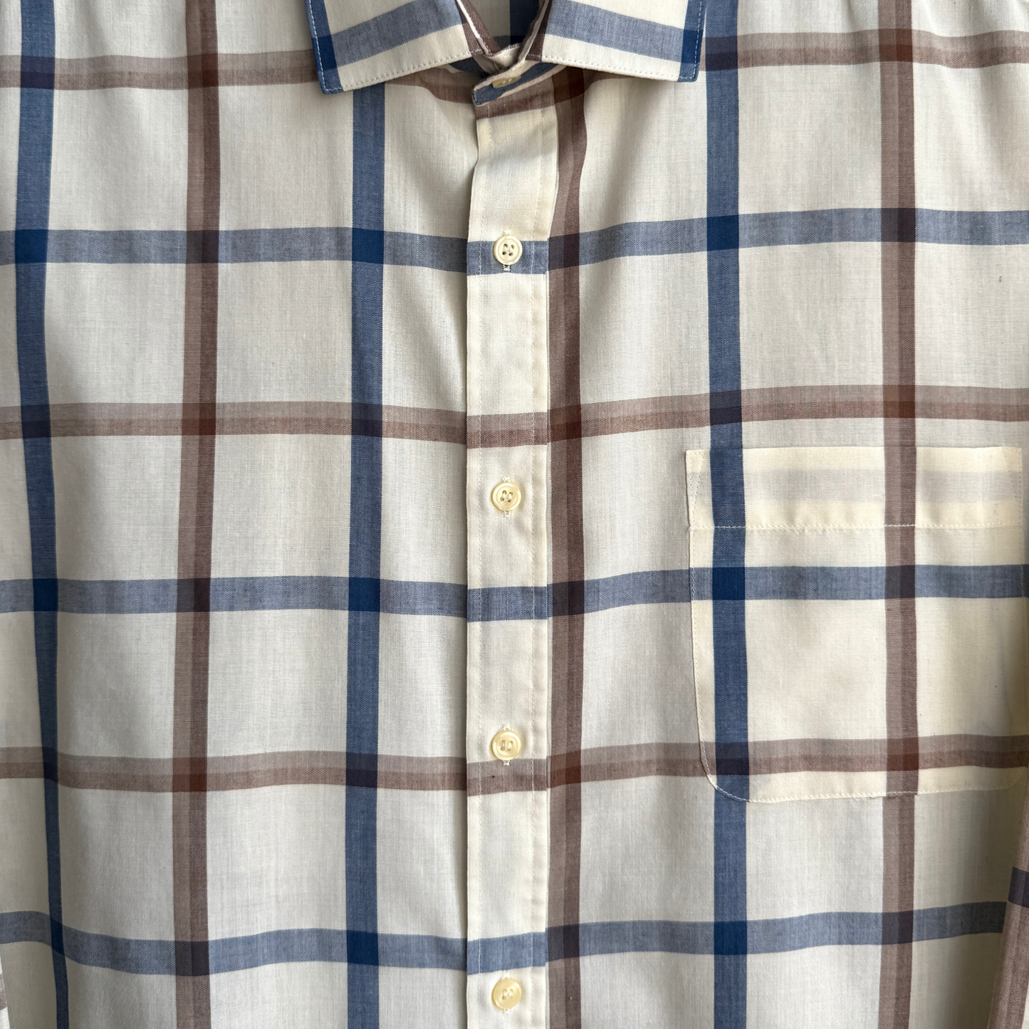 1970s Cream & Blue Plaid Shirt
