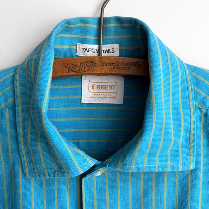 1960s Blue & Green Striped Dress Shirt