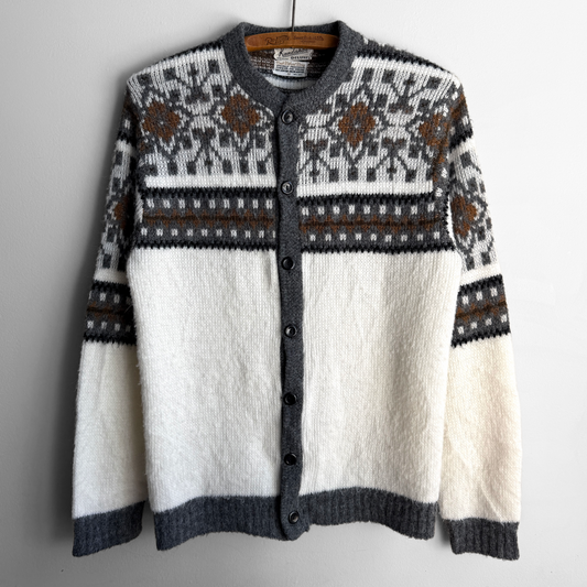 1960s Brown & Cream Pattern Knit Cardigan