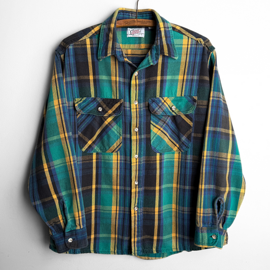 1970s Green & Blue Cotton Plaid Flannel Shirt
