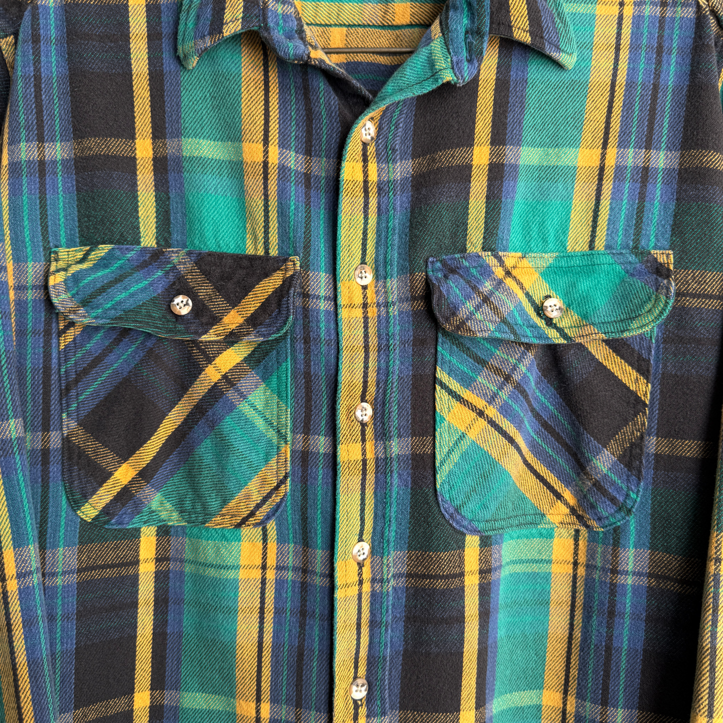 1970s Green & Blue Cotton Plaid Flannel Shirt
