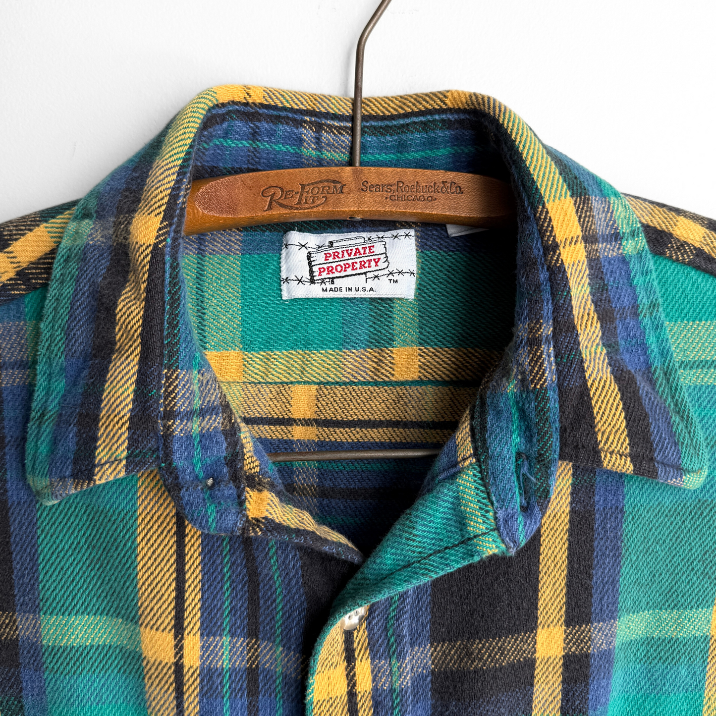1970s Green & Blue Cotton Plaid Flannel Shirt