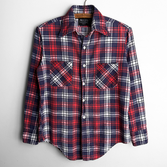 1970s Navy & Red Plaid Flannel Shirt