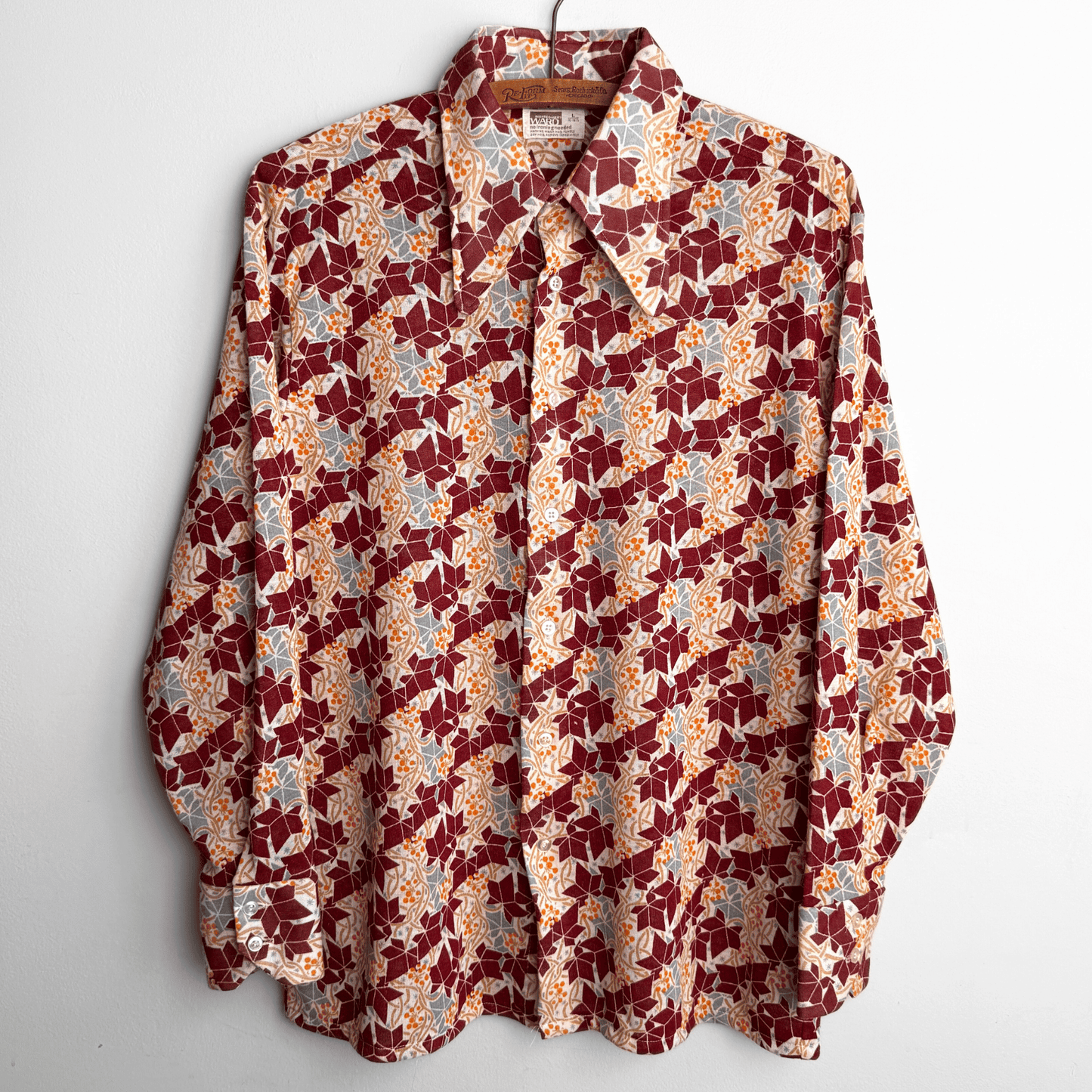 1970s Burgundy Geometric Floral Print Shirt