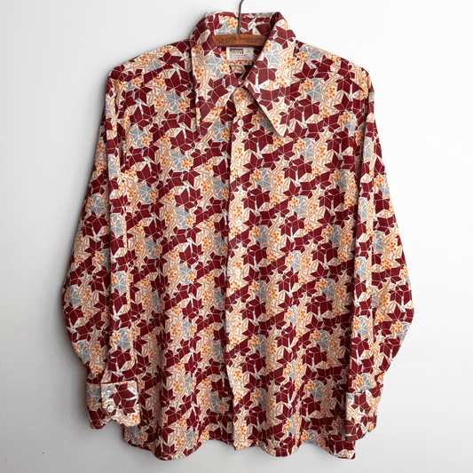 1970s Burgundy Geometric Floral Print Shirt