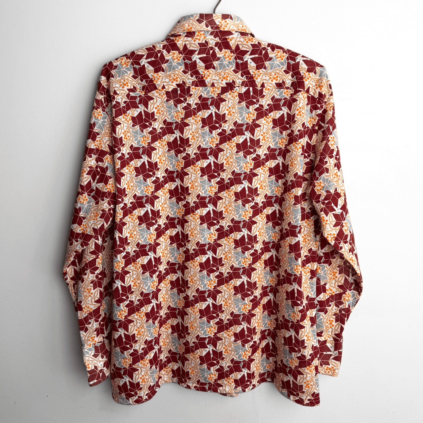 1970s Burgundy Geometric Floral Print Shirt