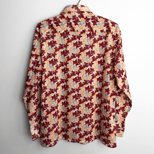 1970s Burgundy Geometric Floral Print Shirt