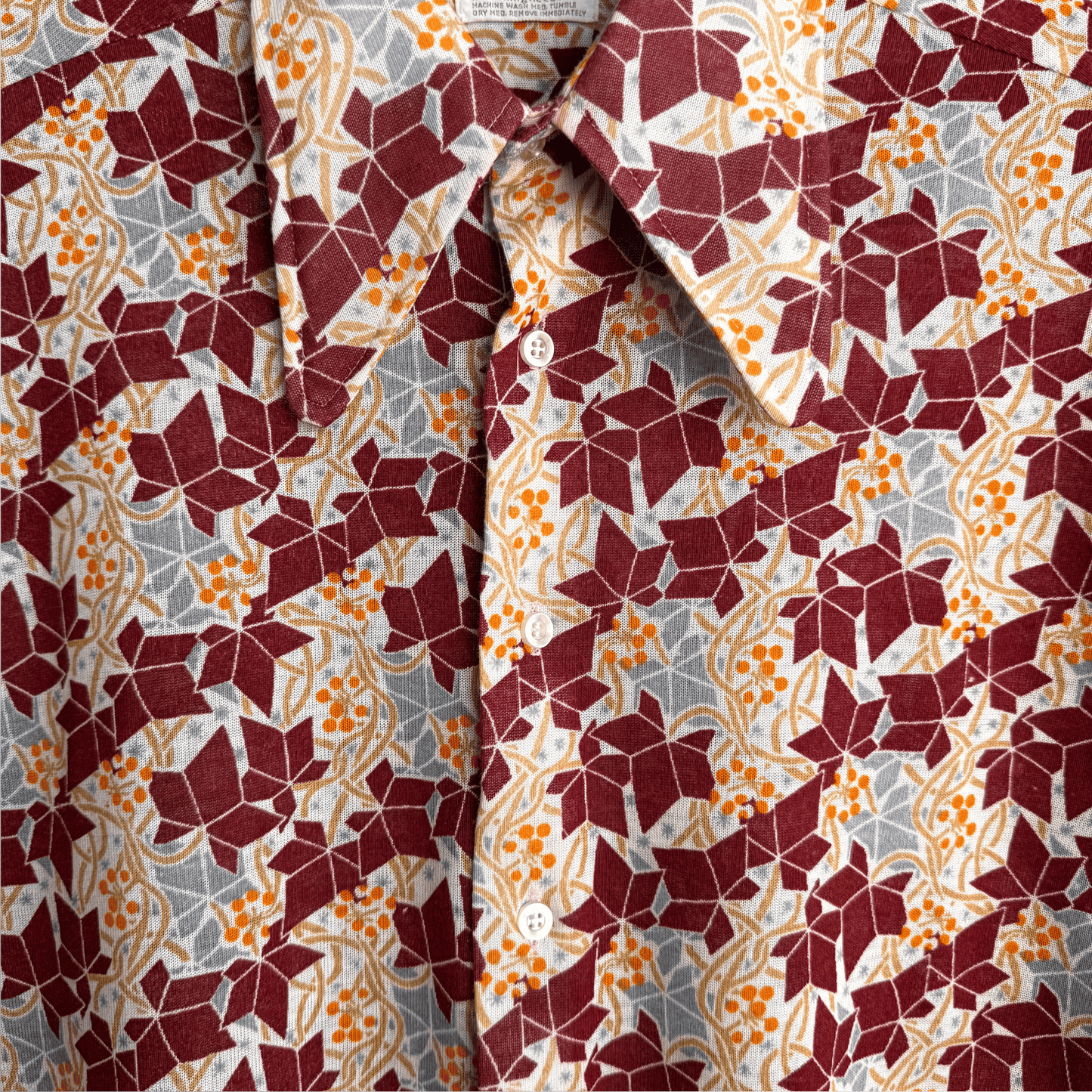 1970s Burgundy Geometric Floral Print Shirt