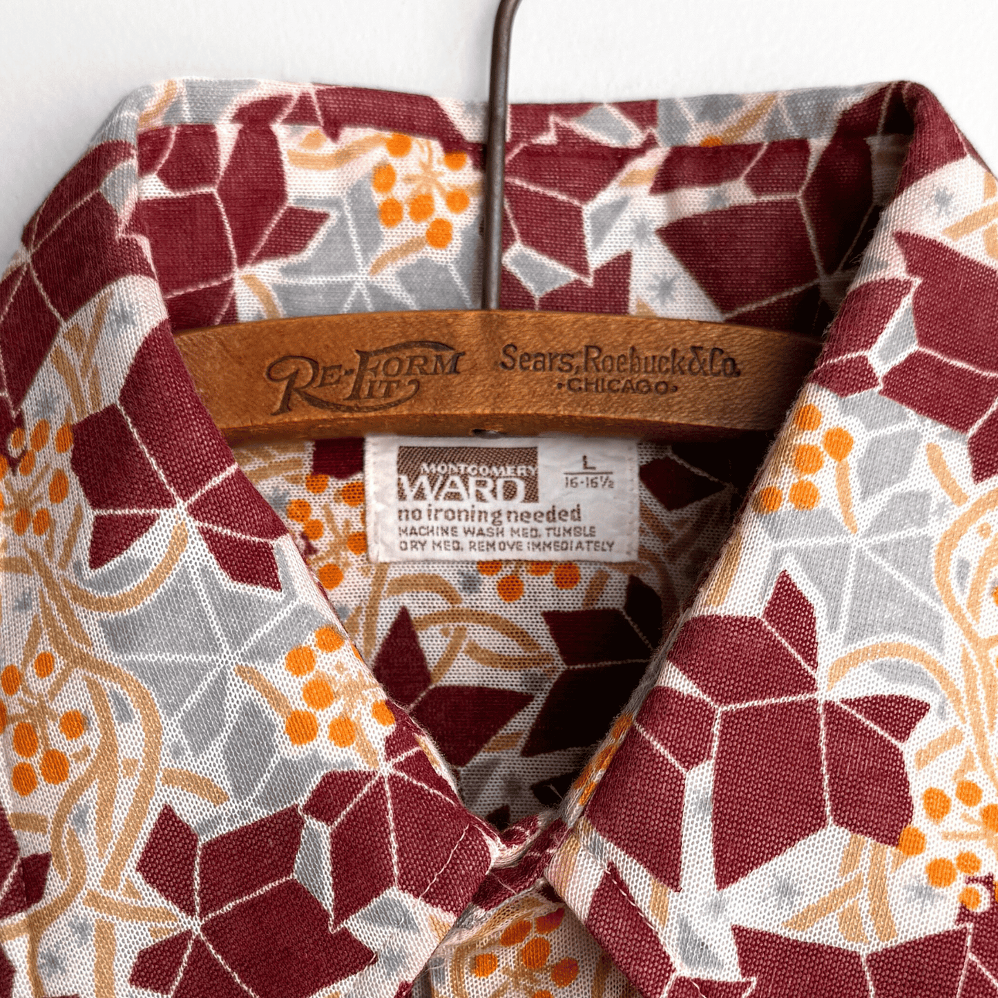 1970s Burgundy Geometric Floral Print Shirt