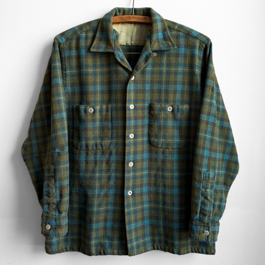 1960s Green & Blue Wool Plaid Flannel Shirt