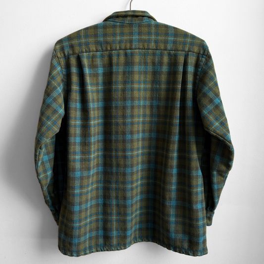 1960s Green & Blue Wool Plaid Flannel Shirt