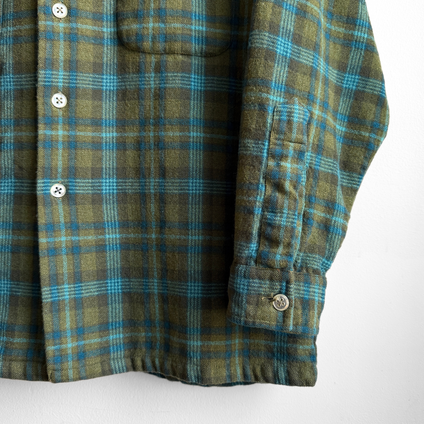 1960s Green & Blue Wool Plaid Flannel Shirt